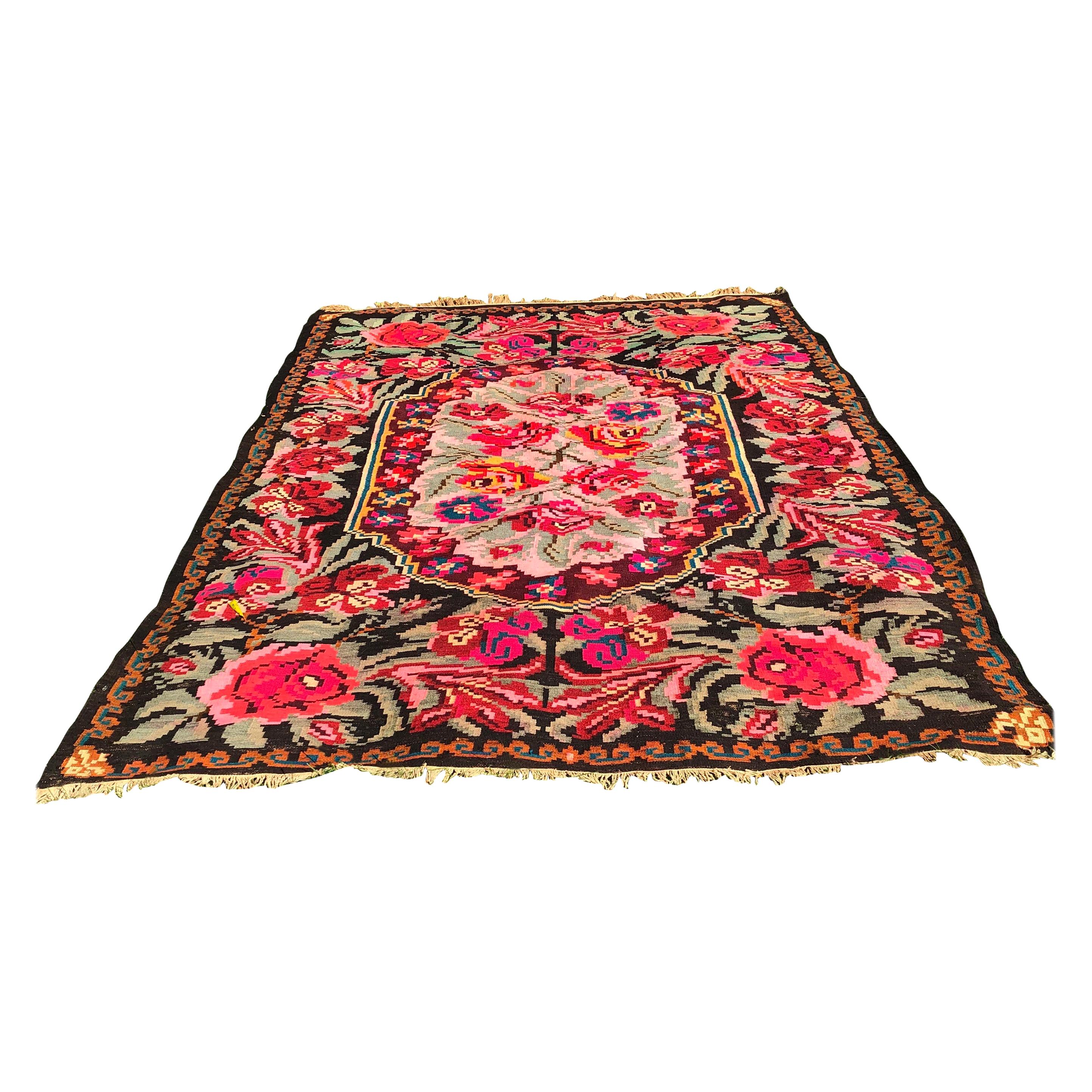 Colorful Room Sized Floral Kilim Carpet For Sale
