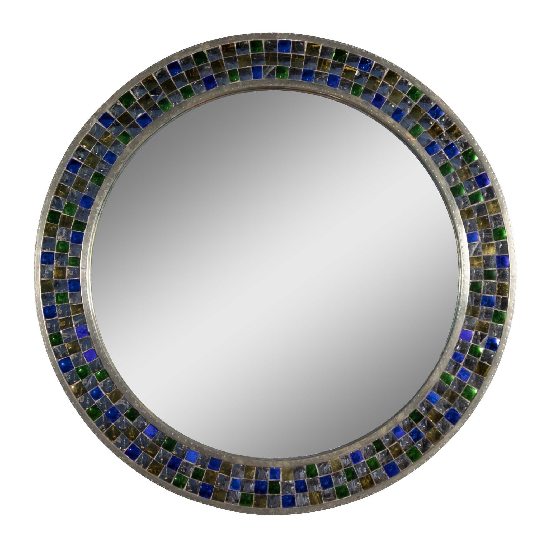 American Colorful Round Tikria Mirror Handcrafted in India By Stephanie Odegard For Sale