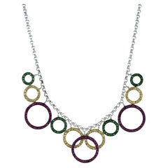 Colorful Sapphire Gemstone Circle Drop 14 Karat White Gold Link Necklace