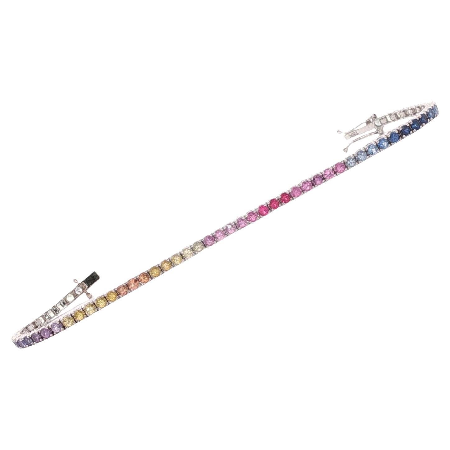 Colorful Sapphire Rainbow 18 Karat White Gold Tennis Bracelet en vente