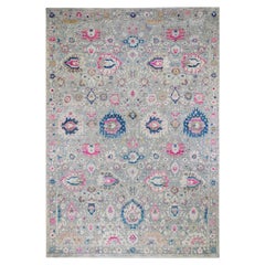 Colorful Sari Silk with Textured Wool Hand Knotted Oushak Influence Rug
