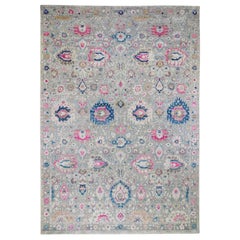 Colorful Sari Silk with Textured Wool Hand-Knotted Oushak Influence Rug