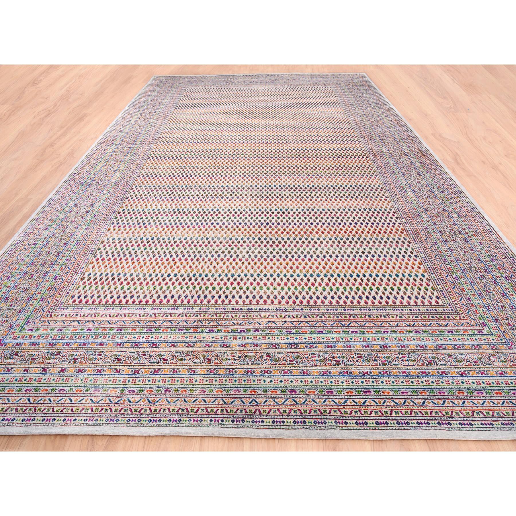 Moderne Tapis coloré en soie Sari et laine d'inspiration Sarouk Mir noué à la main 11'7