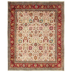 Colorful Semi Antique Persian Tabriz Rug in Ivory Background and Red Border