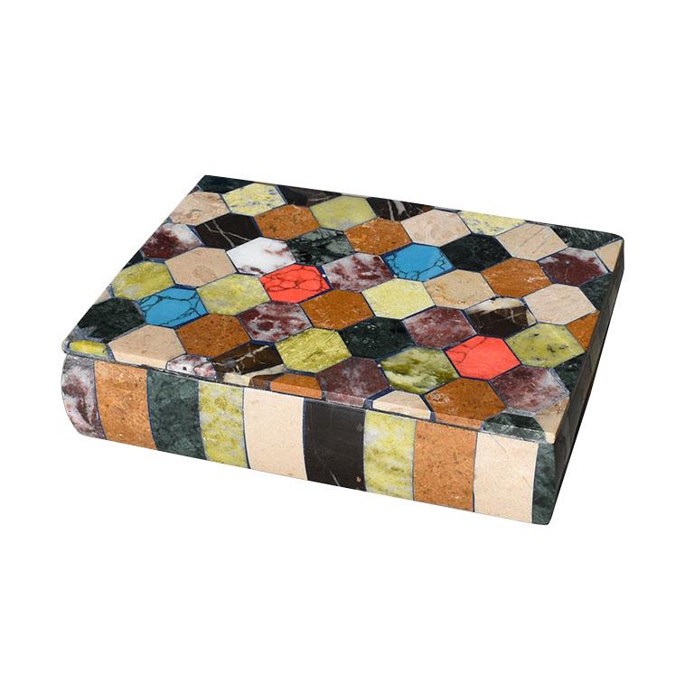 A beautiful colorful decorative box with lid created from Carrara marble and inlaid with a variety of semi-precious stones. The sides are inlaid with a variety of stones in abstract colors in a fun vertical stripe pattern. The top is inlaid with