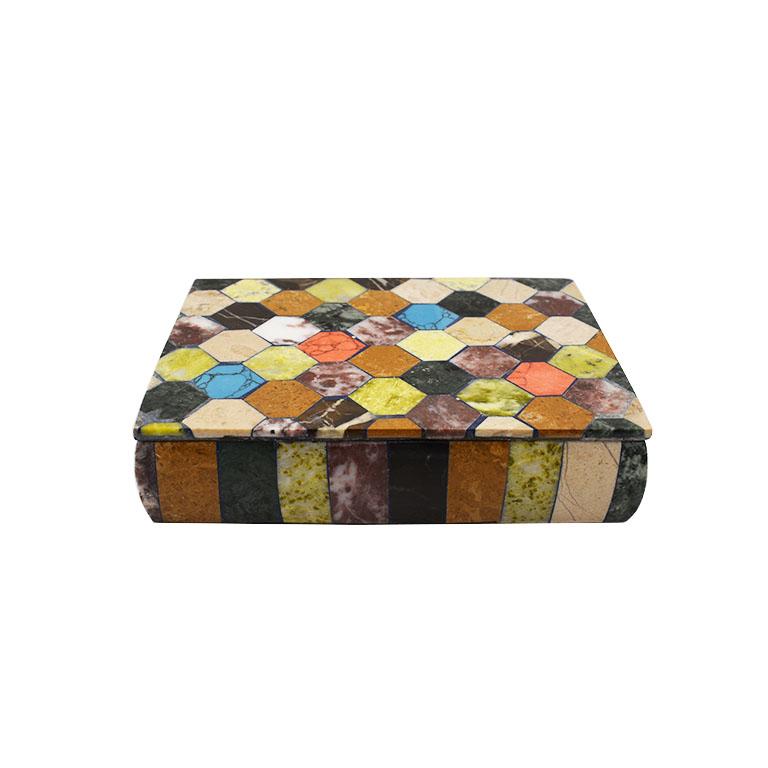 Folk Art Colorful Semi Precious Stone Rectangular Jewelry or Trinket Box with Lid For Sale