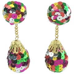 Vintage Colorful Sequin Disco Balls Dangling Chandelier Clip on Earrings