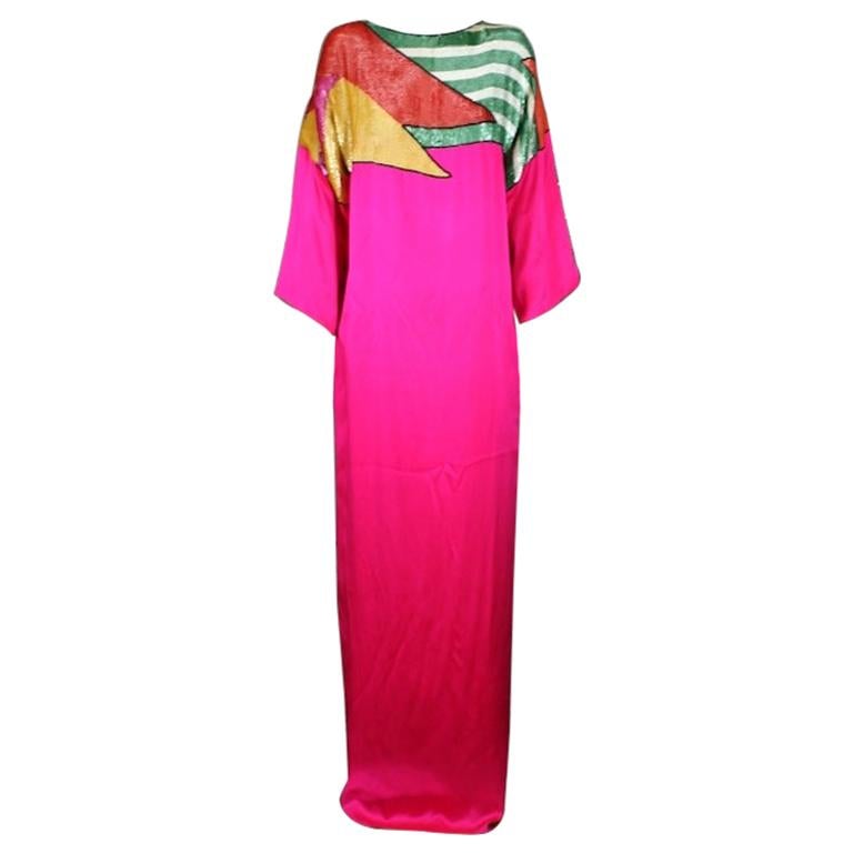 Colorful Sequined and Satin T Shirt Gown For Sale