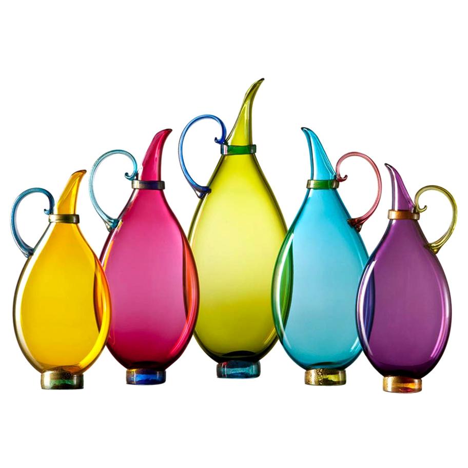 Colorful Set of 5 Decorative Blown Glass Vases, Collectible Design by Vetro Vero For Sale