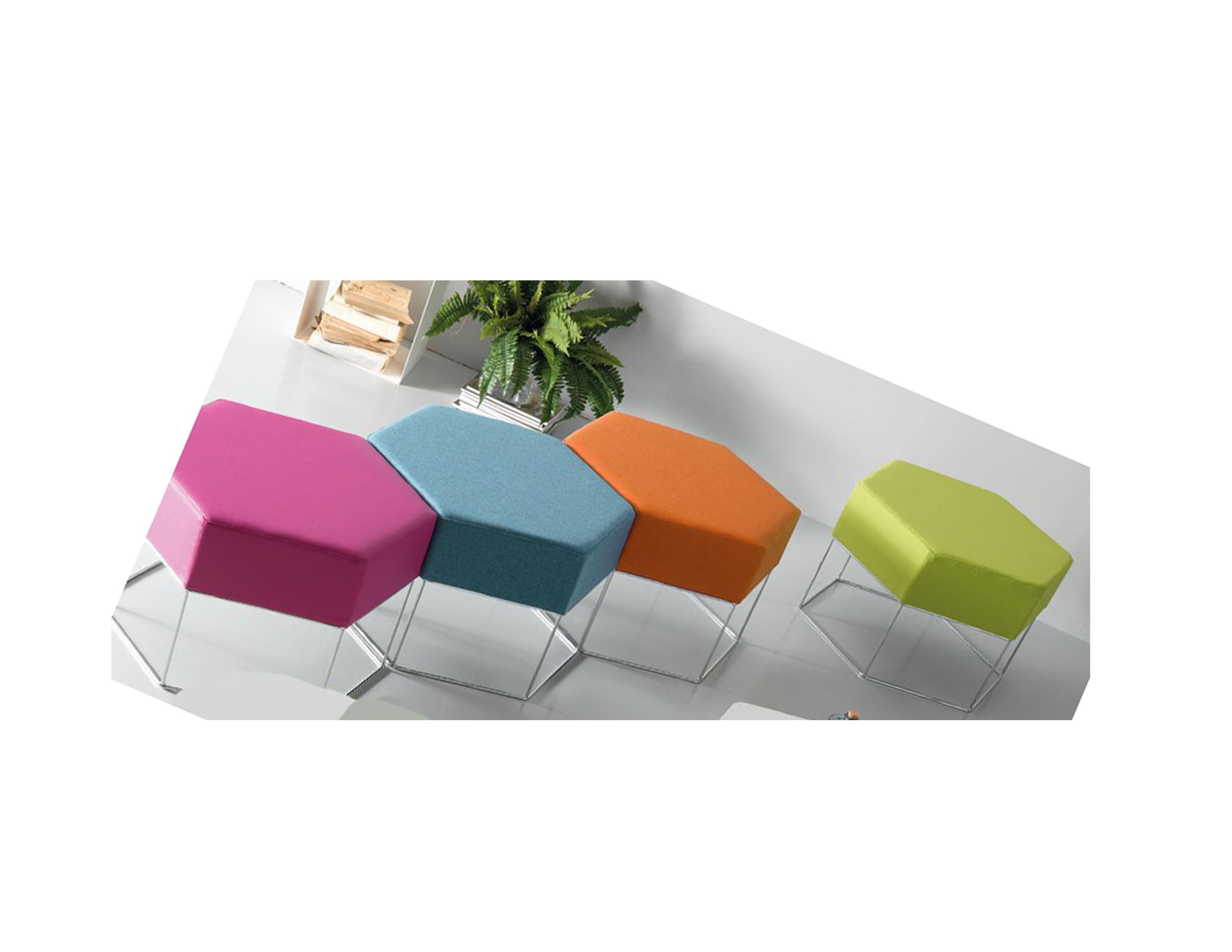 Sei Hexagonal seat
Steel chromed S
Fabric: Lana

(1) Color #223 celeste
(1) Color #225 lime
(1) Color #226 orange
(1) Color #227 fuksia.