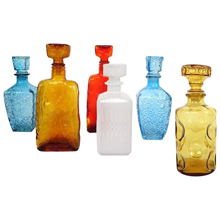 Colorful Set of Six MidCentury Modern Glass Decanters by Empoli For