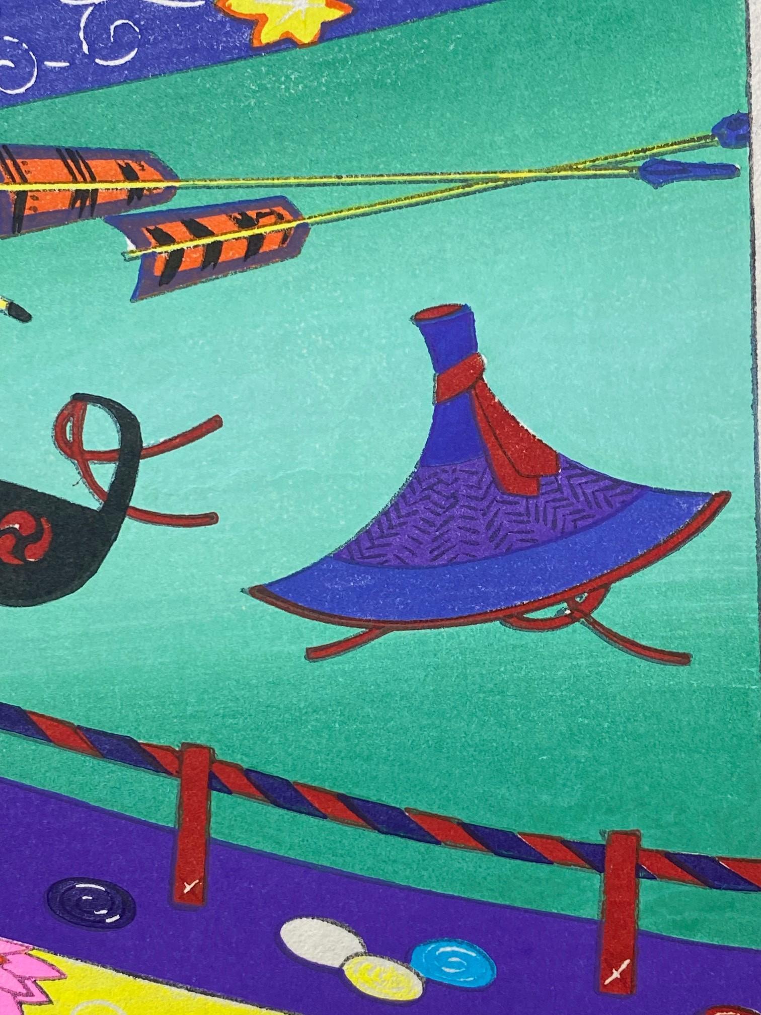Colorful Signed Japanese Showa Period Abstract Modern Woodblock Print In Good Condition For Sale In Studio City, CA