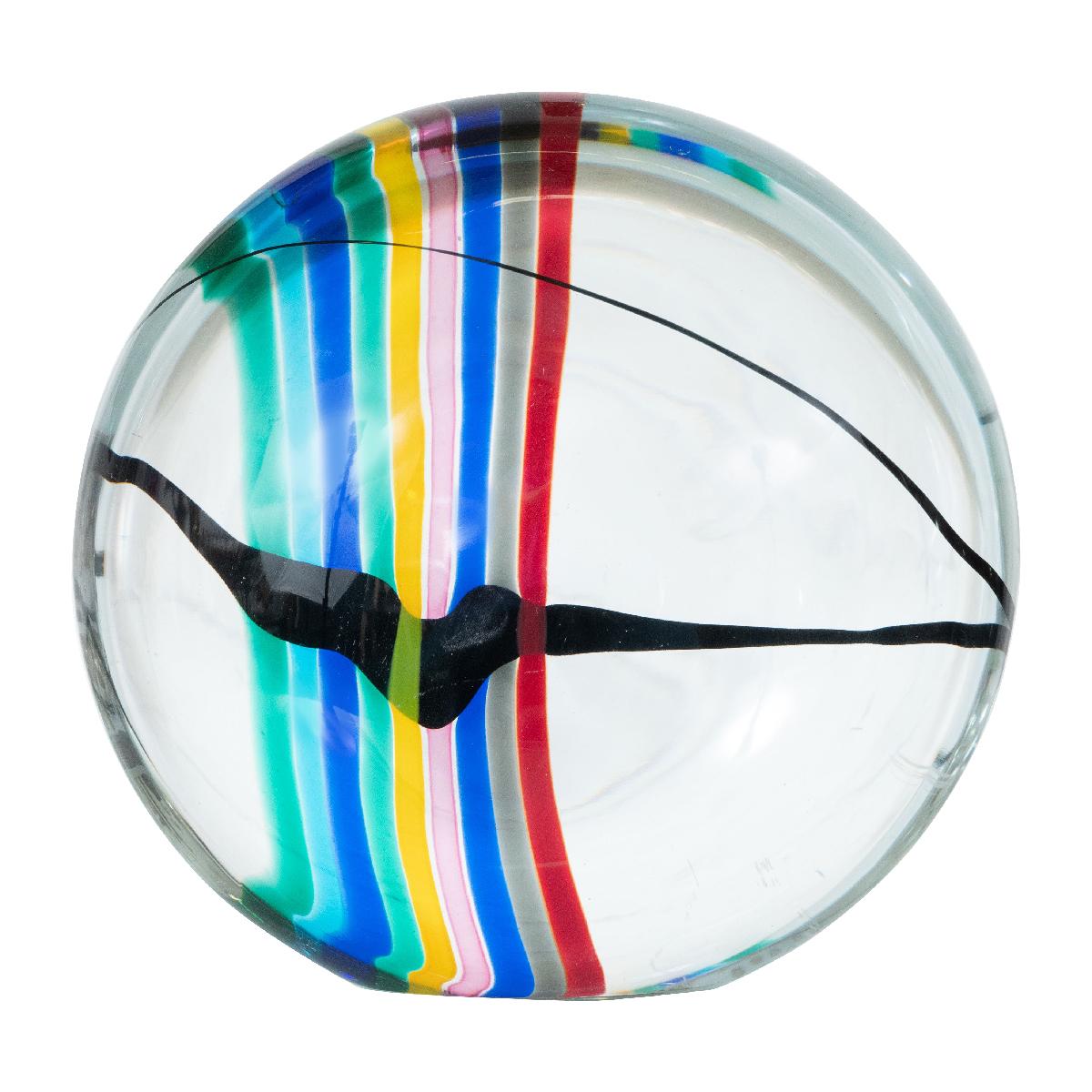Circular clear Murano glass sculpture with colorful sommerso striping.