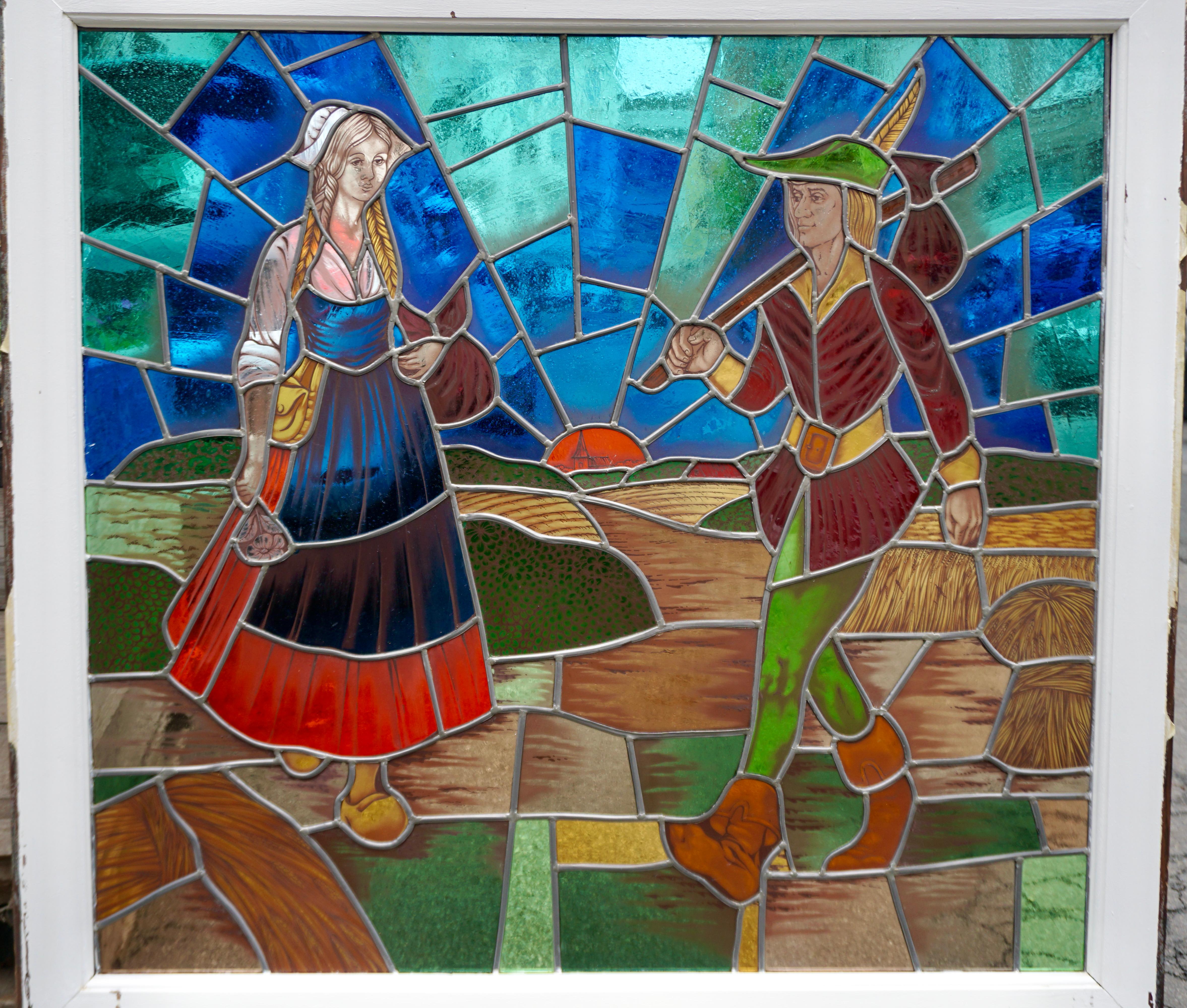 Painted Colorful Stained Glass Window For Sale