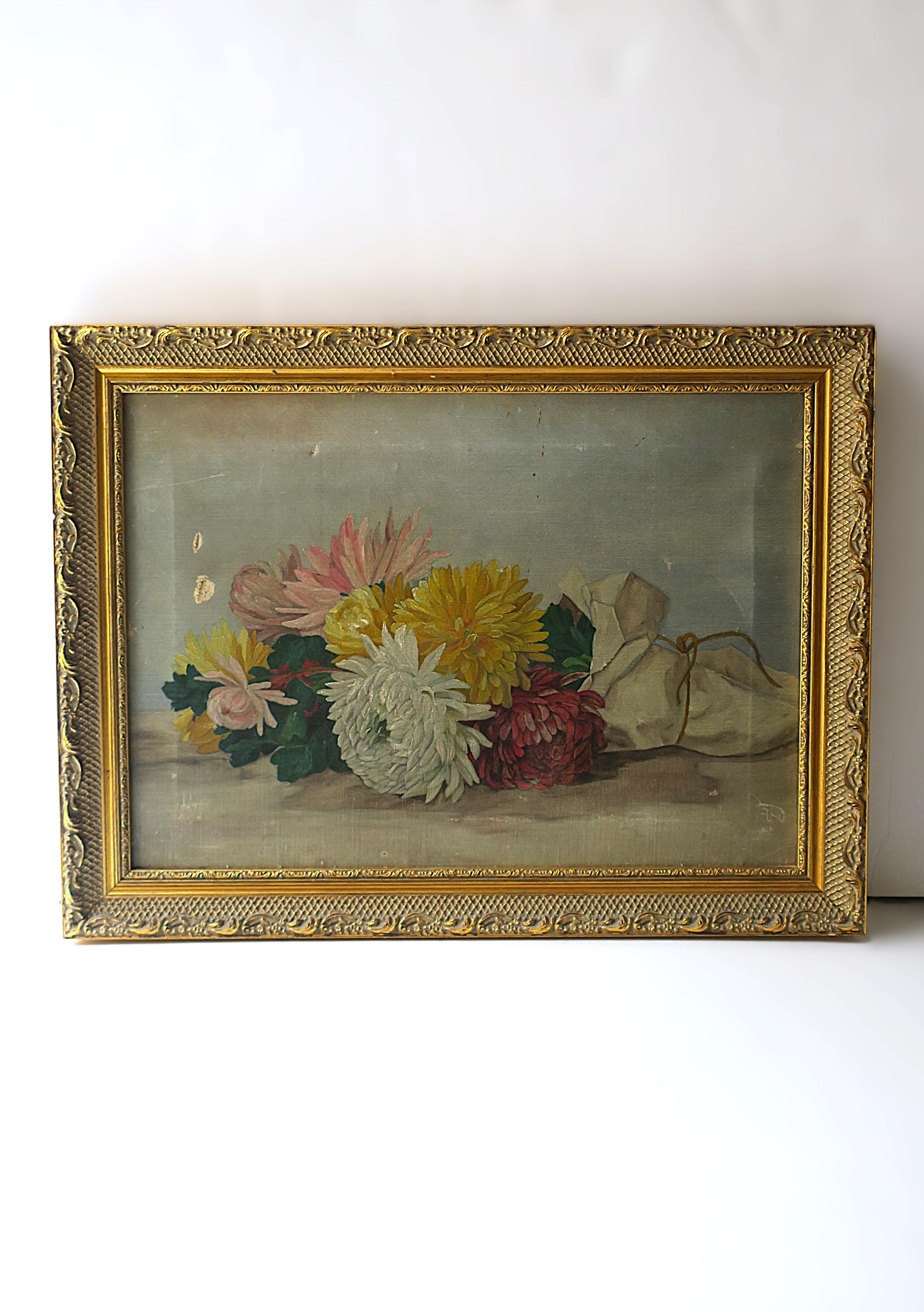 A beautiful, colorful, soft, still life painting of a bouquet of spider mum flowers, circa late-19th century to early 20th century. Painting artwork, hand-painted in oil paint, depicts a fresh bouquet of spider mum flowers (aka as chrysanthemums),