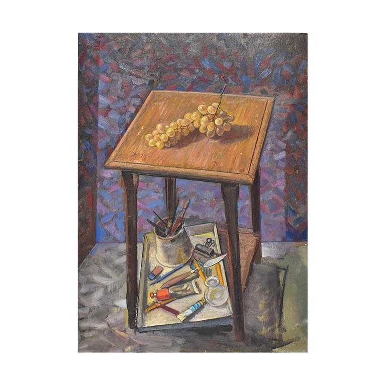 Colorful Still Life Portrait of Table and Grapes in Blue Purple Red and Brown For Sale