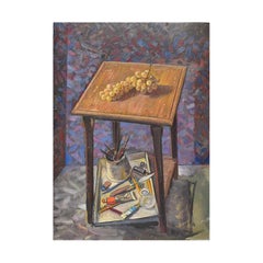 Colorful Still Life Portrait of Table and Grapes in Blue Purple Red and Brown