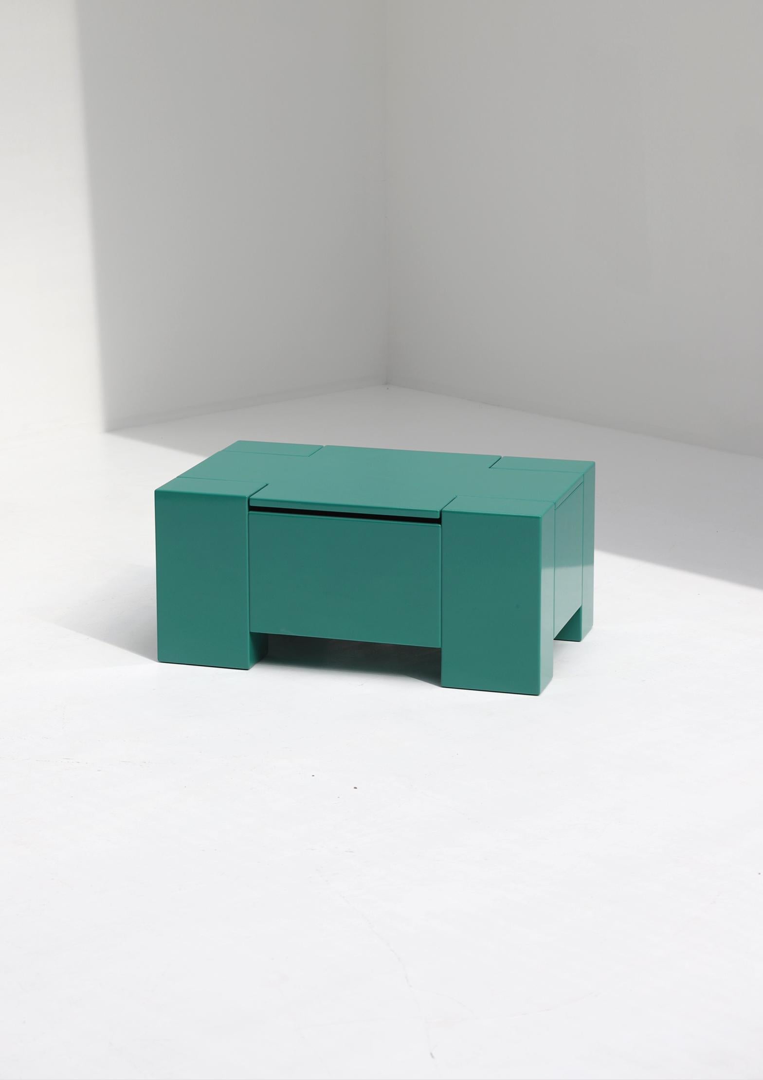 Colorful storage box designed and made in the 1970s. Besides being a practical item, this box can also be a colorful detail ideal for a (kids) room, living room or office space. The box is lacquered in a bright green and stands in a very good