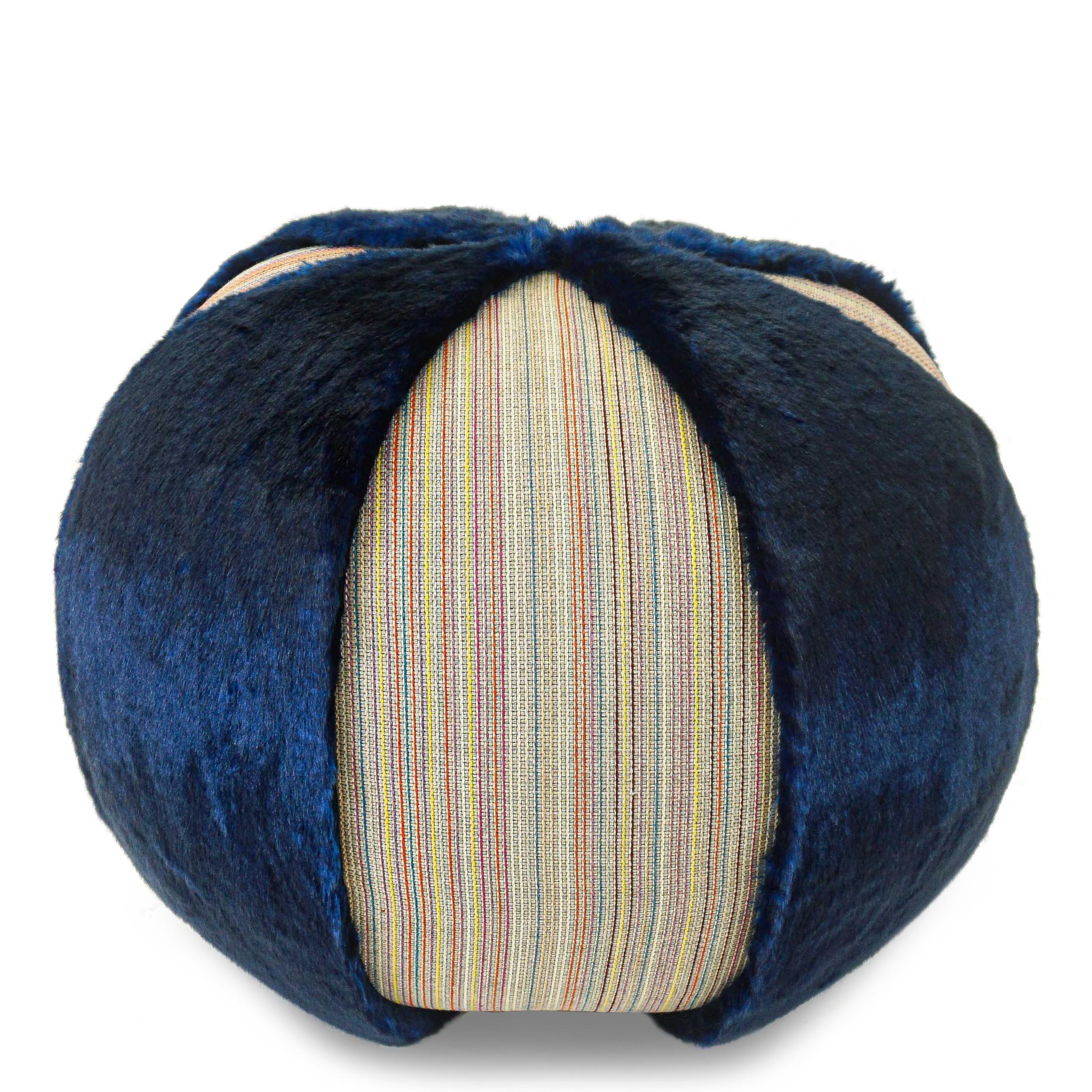 Colorful Stripe Pouf/Ottoman with Vibrant Blue Faux Fur For Sale 4