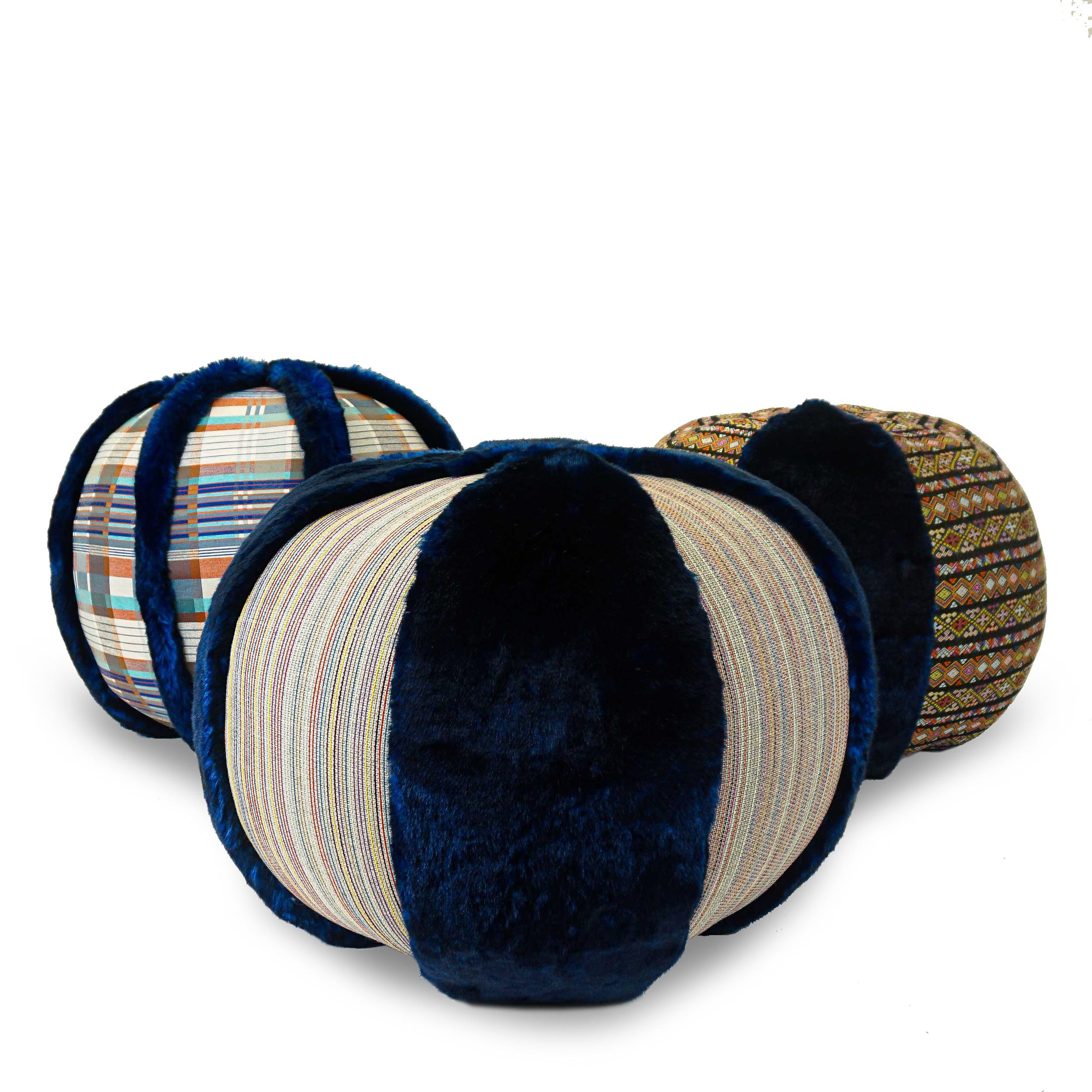 Colorful Stripe Pouf/Ottoman with Vibrant Blue Faux Fur For Sale 7