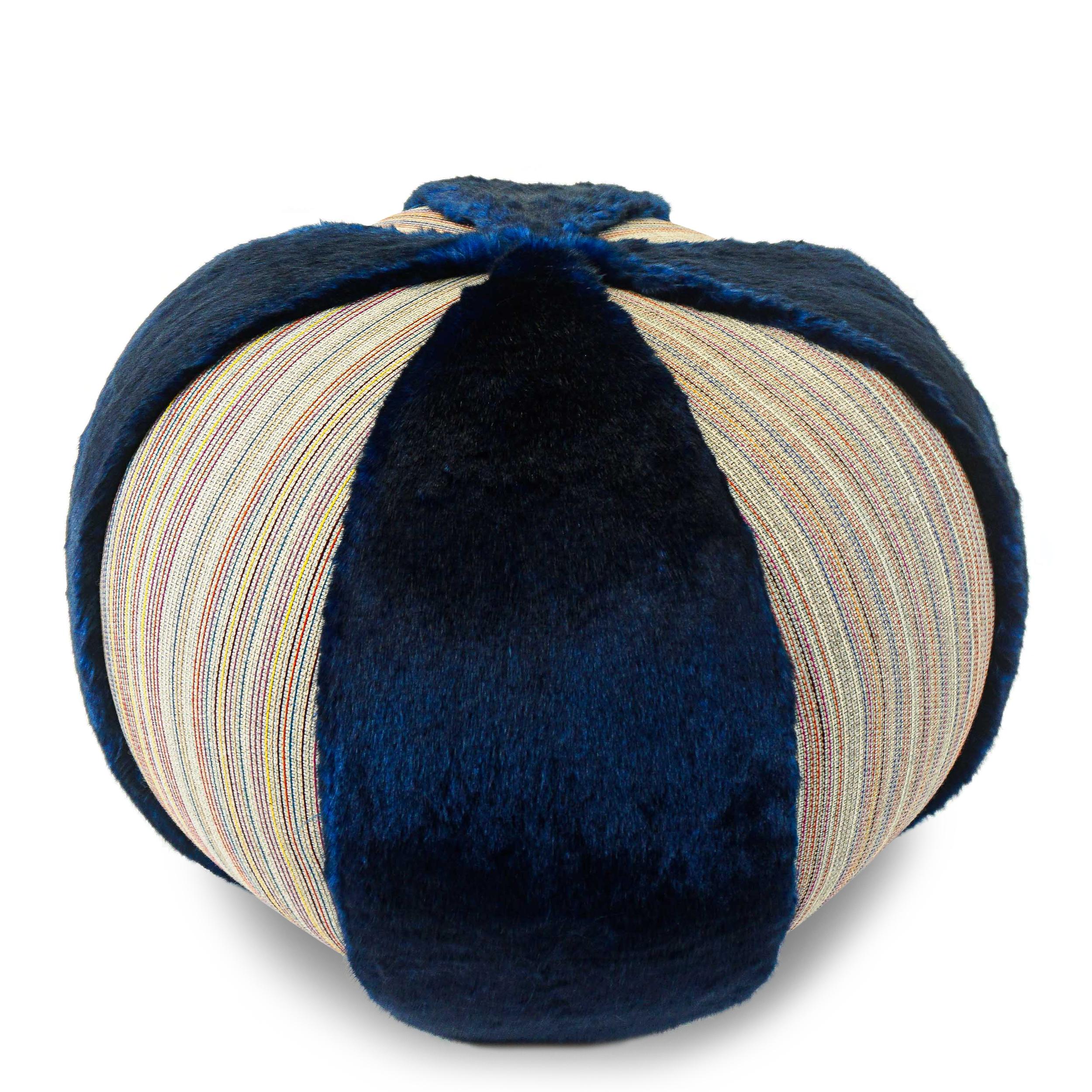 Modern Colorful Stripe Pouf/Ottoman with Vibrant Blue Faux Fur For Sale