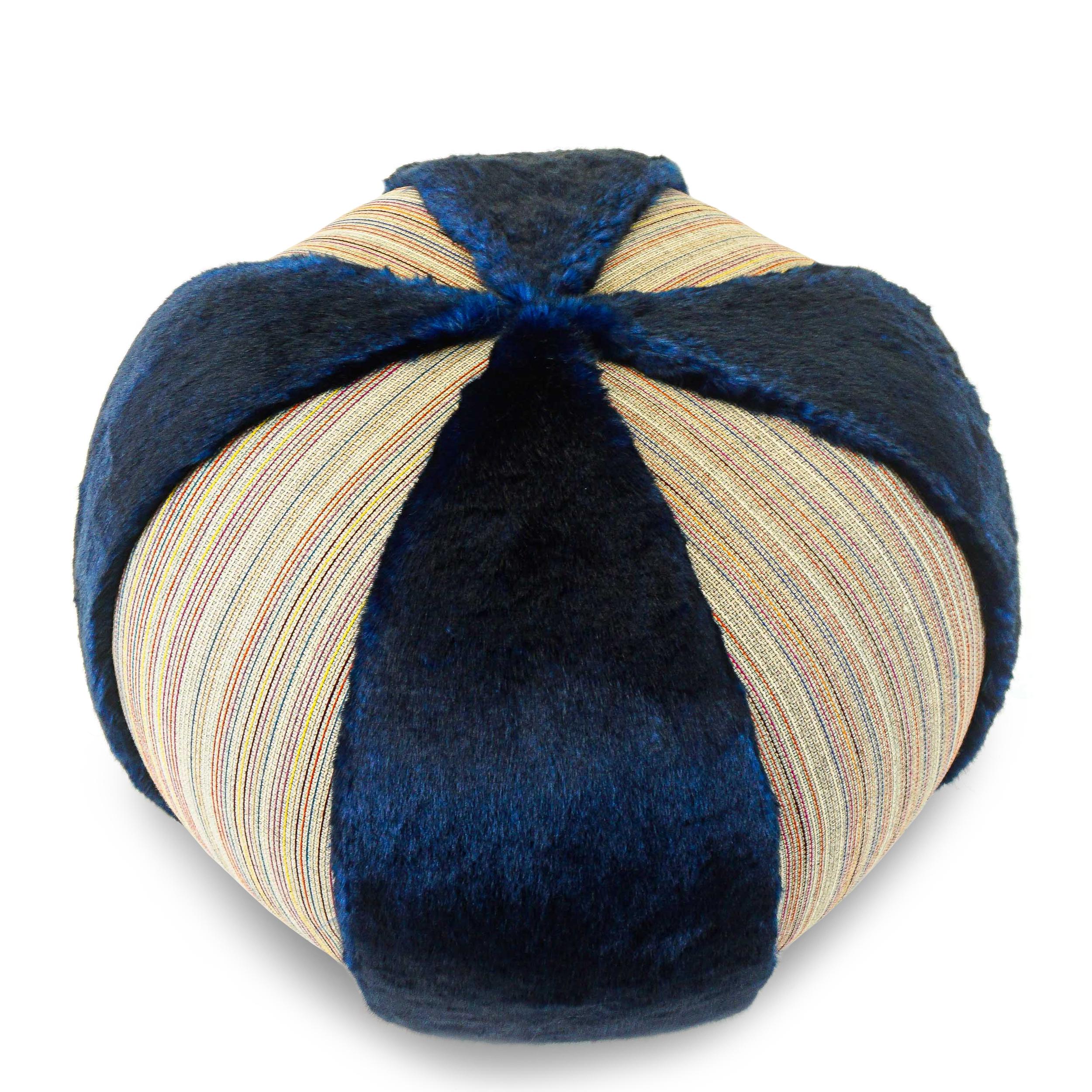 American Colorful Stripe Pouf/Ottoman with Vibrant Blue Faux Fur For Sale