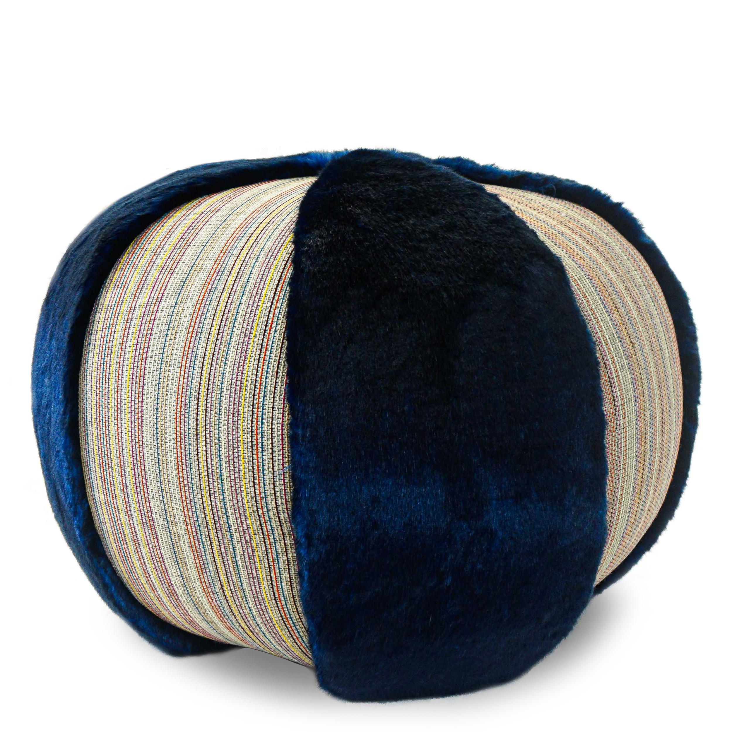 Colorful Stripe Pouf/Ottoman with Vibrant Blue Faux Fur In New Condition For Sale In Greenwich, CT