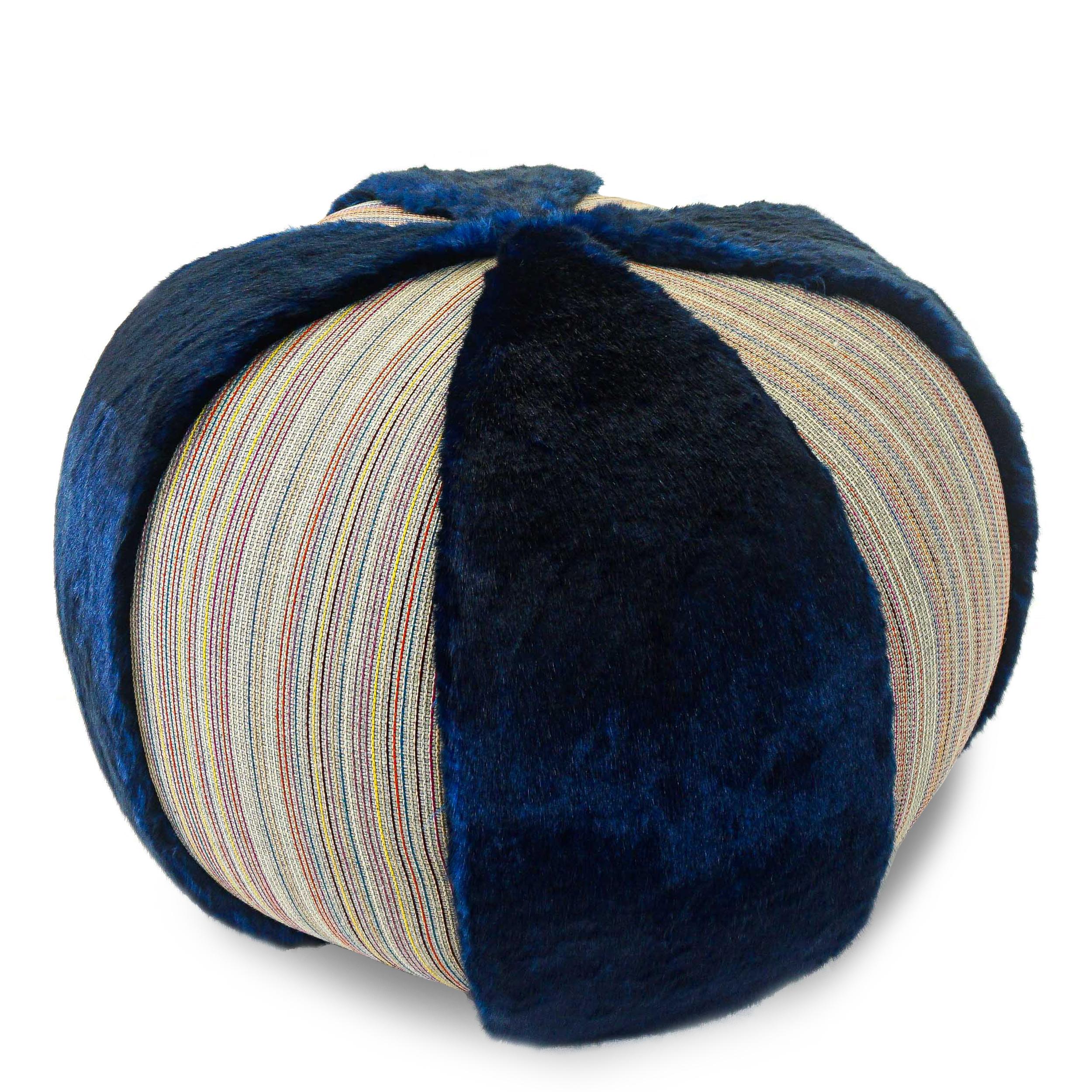 Contemporary Colorful Stripe Pouf/Ottoman with Vibrant Blue Faux Fur For Sale