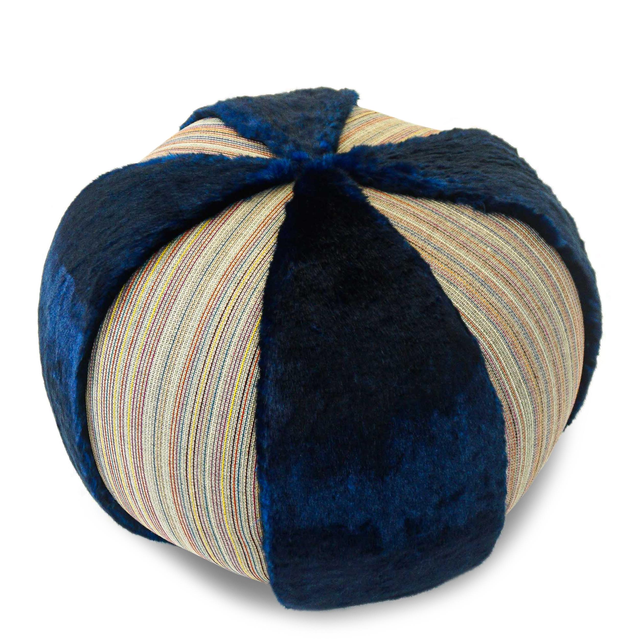 Colorful Stripe Pouf/Ottoman with Vibrant Blue Faux Fur For Sale 1