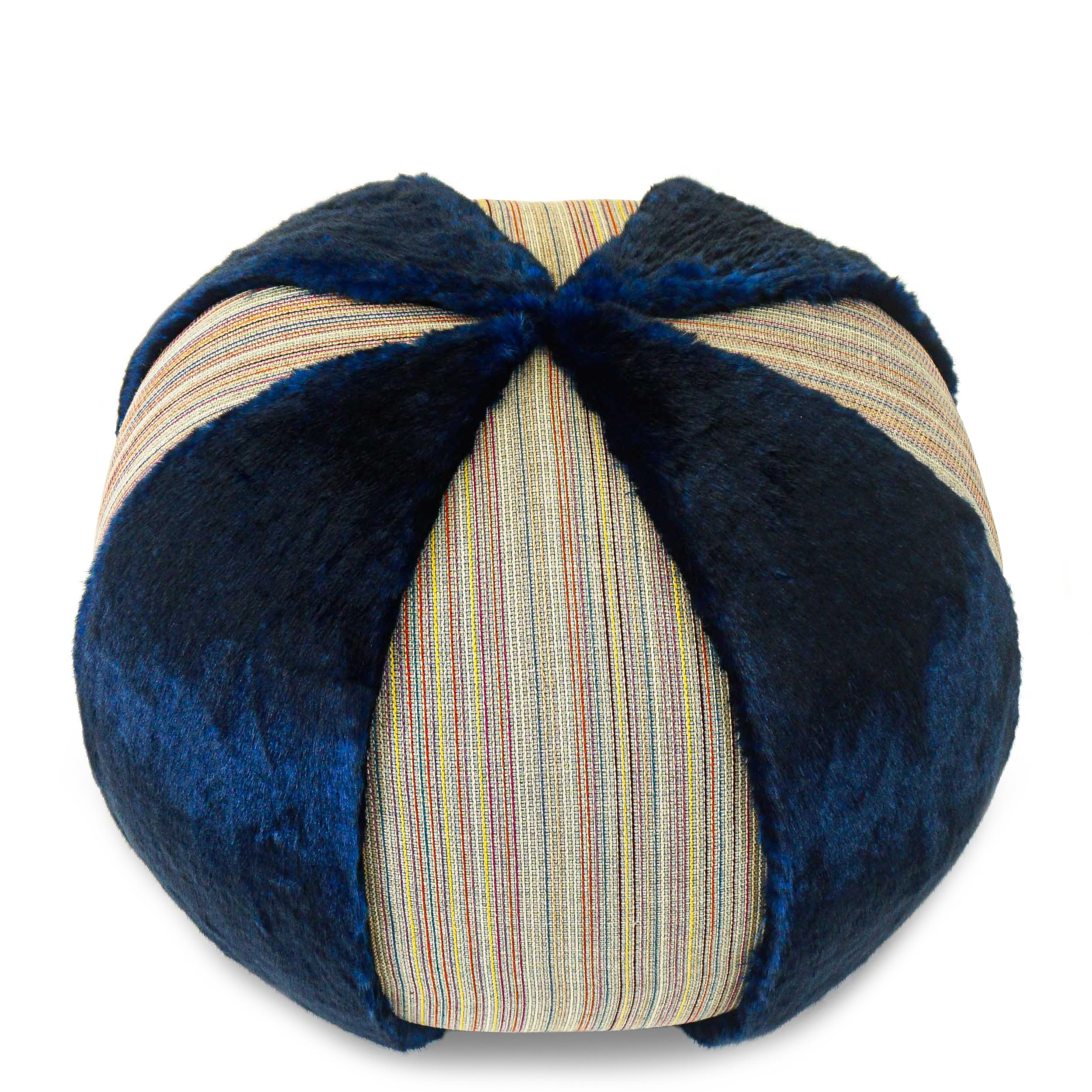 Colorful Stripe Pouf/Ottoman with Vibrant Blue Faux Fur For Sale 2