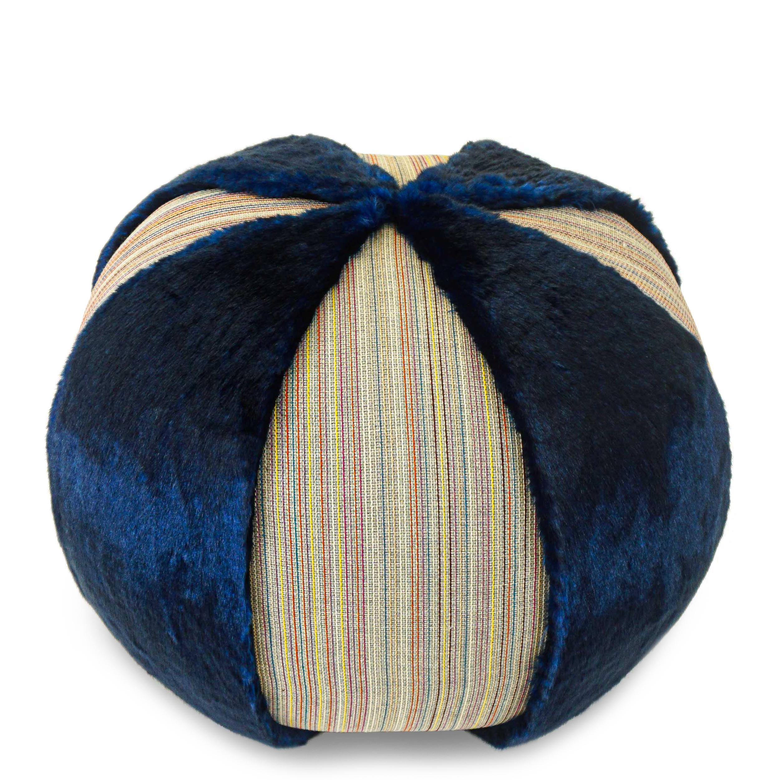 Colorful Stripe Pouf/Ottoman with Vibrant Blue Faux Fur For Sale 3
