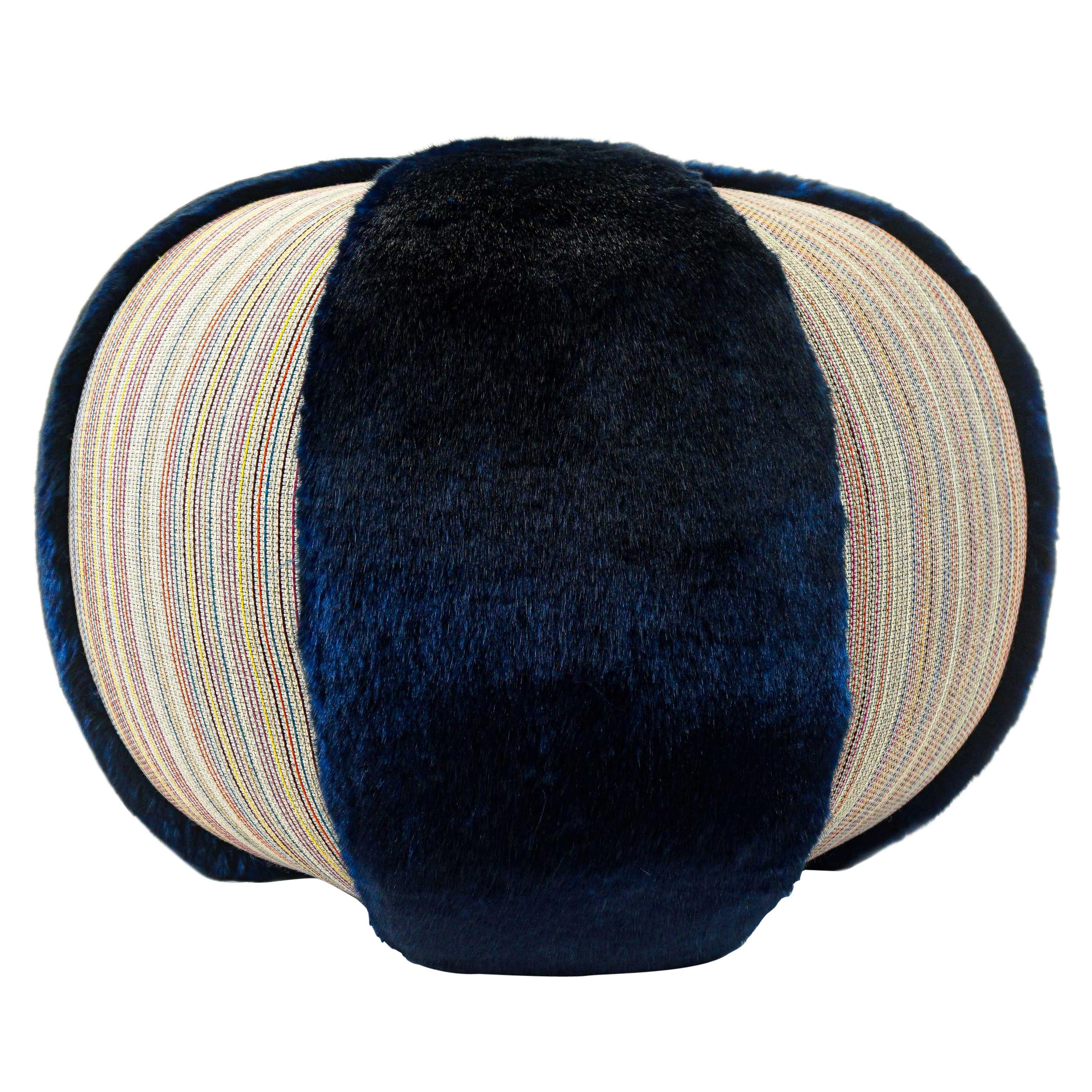 Colorful Stripe Pouf/Ottoman with Vibrant Blue Faux Fur