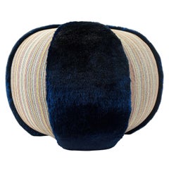 Colorful Stripe Pouf/Ottoman with Vibrant Blue Faux Fur