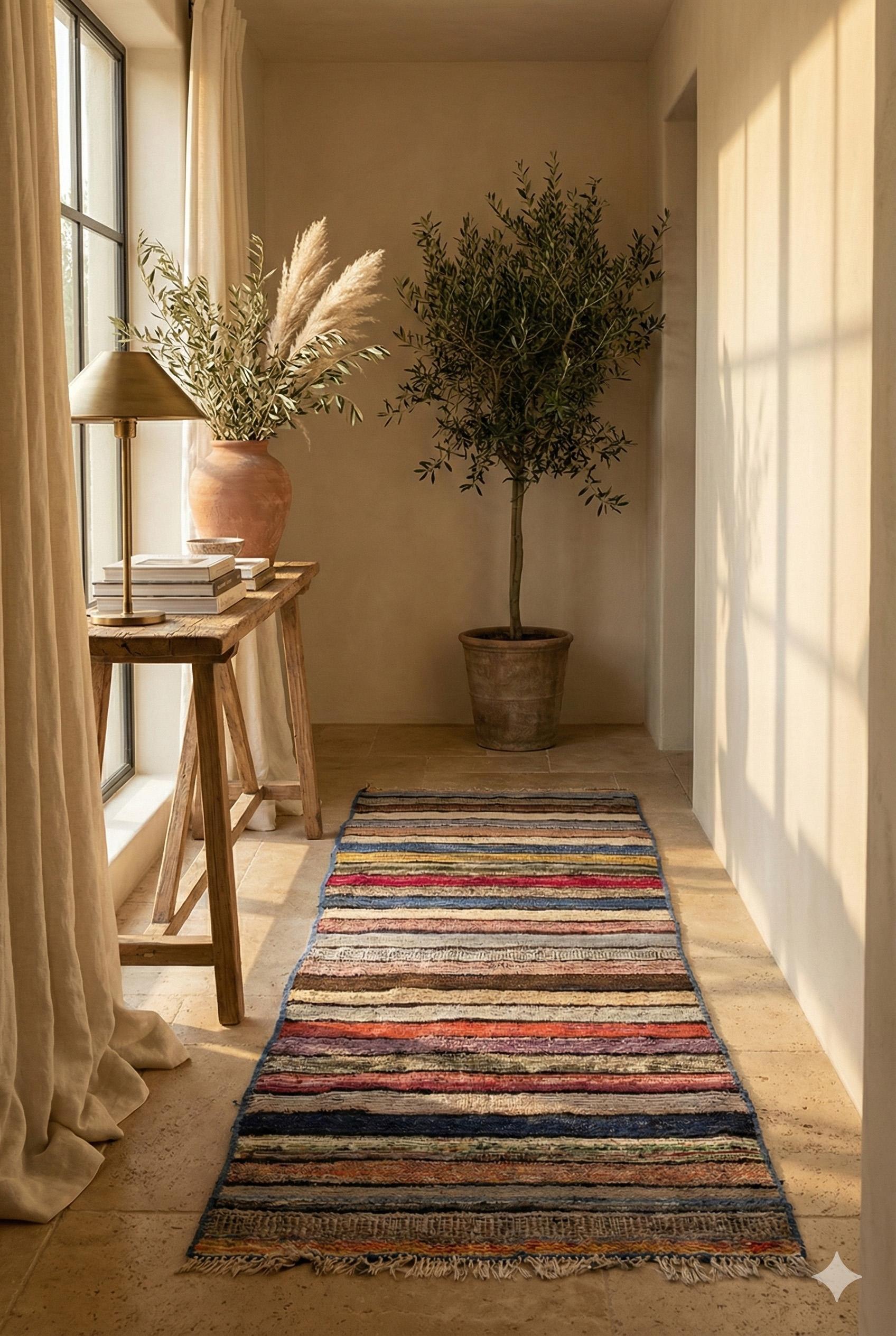 Gestreifter Laufteppich

Vintage Rug-Runner Charme
Dieser antike persische Stoffläufer ist ein lebhaftes Fest der Handwerkskunst und zeigt kühne, rhythmische Streifen in einer warmen, vielfarbigen Palette - von tiefem Pazifikblau und Ziegelrot bis