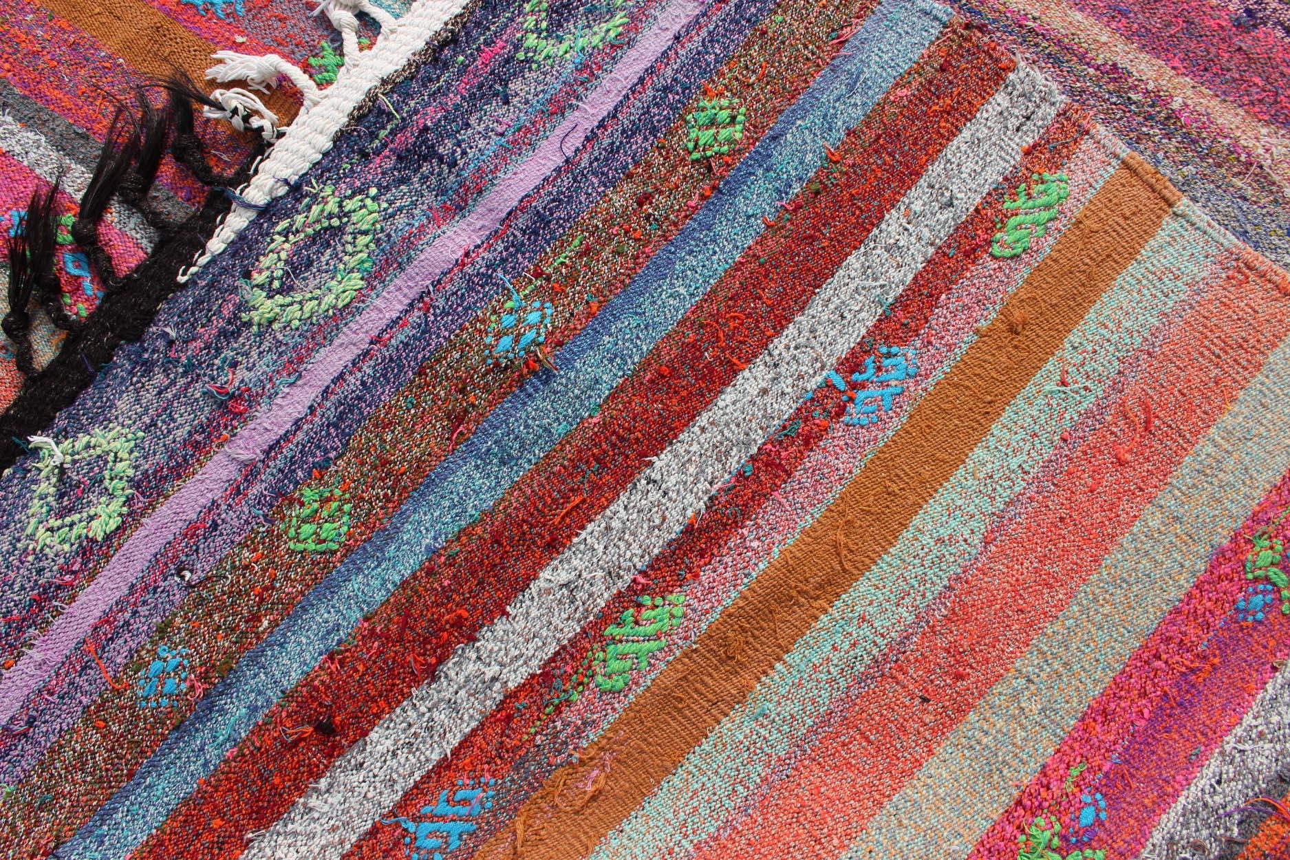 Vintage Turkish Kilim Flat-Weave Rug with Colorful Strips in Bright Colors For Sale 2