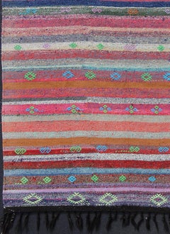 Vintage Turkish Kilim Flat-Weave Rug with Colorful Strips in Bright Colors