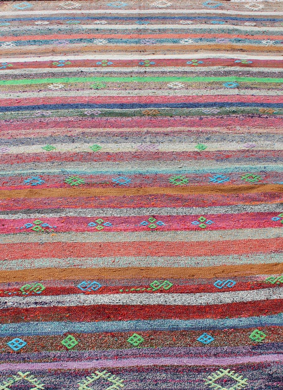 Hand-Woven Vintage Turkish Kilim Flat-Weave Rug with Colorful Strips in Bright Colors For Sale