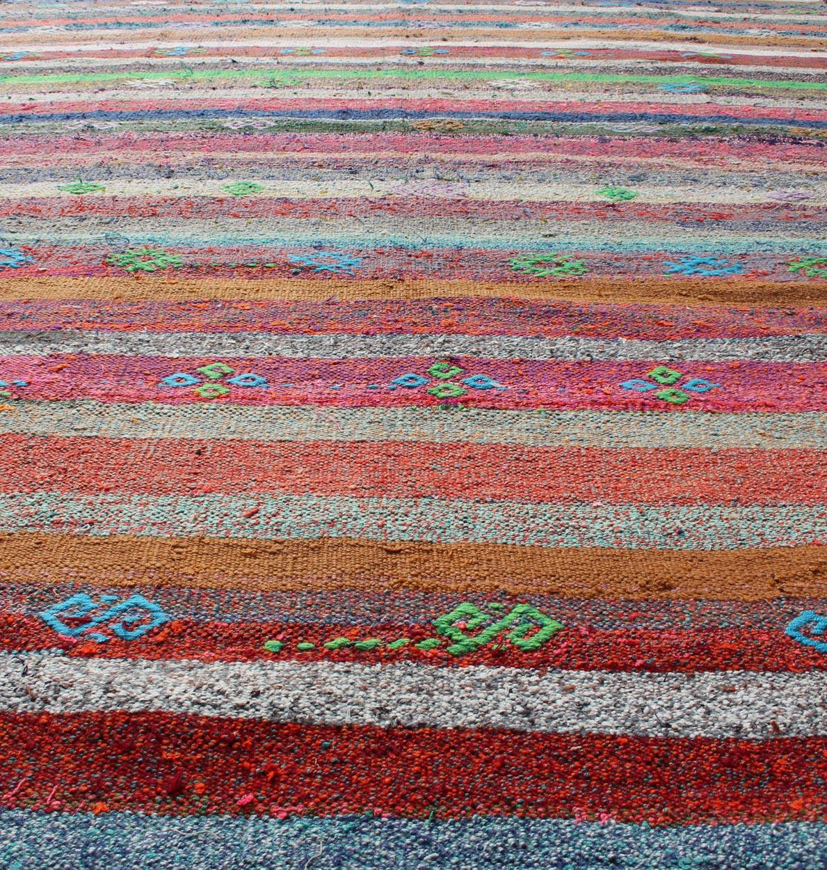 Vintage Turkish Kilim Flat-Weave Rug with Colorful Strips in Bright Colors In Excellent Condition For Sale In Atlanta, GA