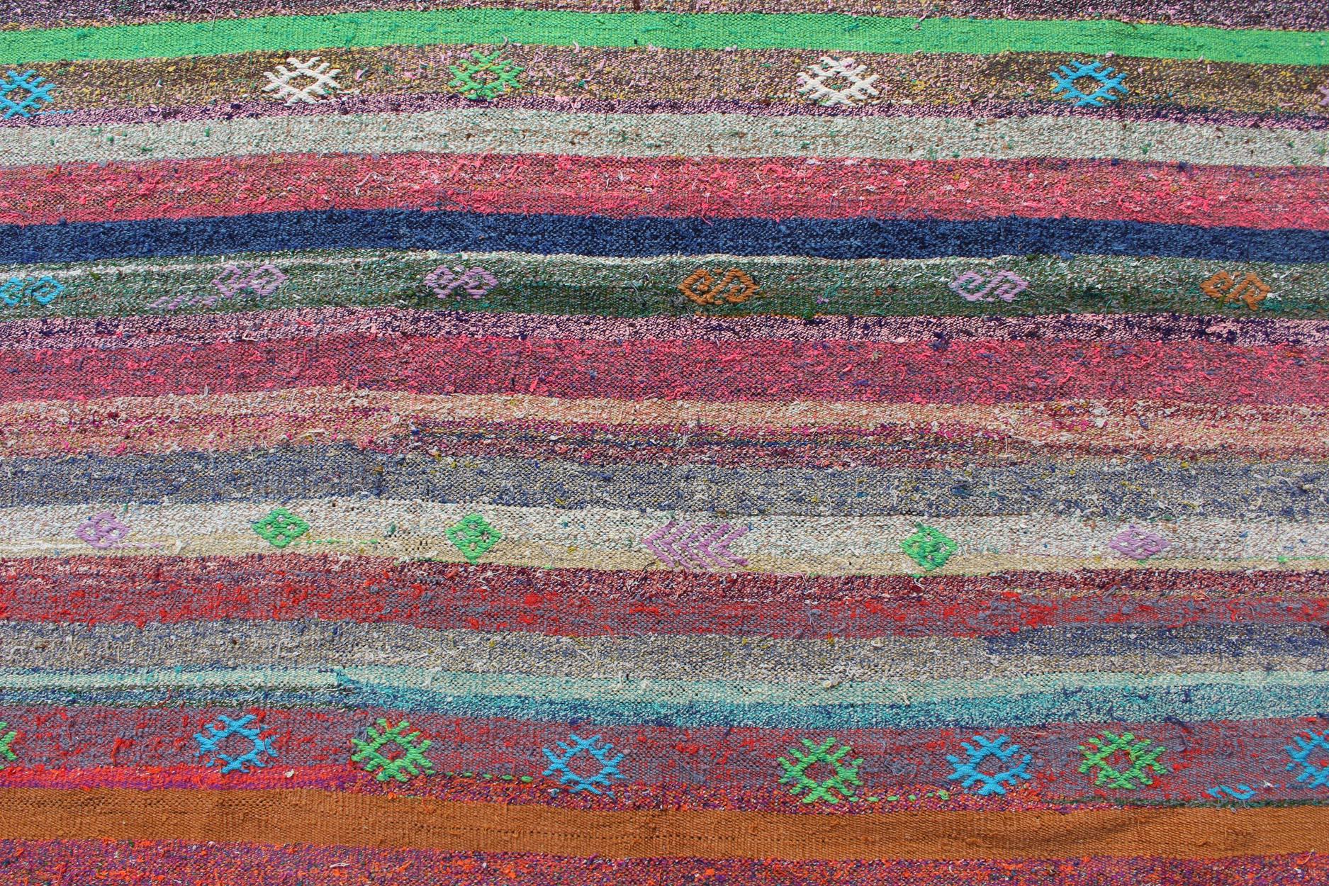 Mid-20th Century Vintage Turkish Kilim Flat-Weave Rug with Colorful Strips in Bright Colors For Sale