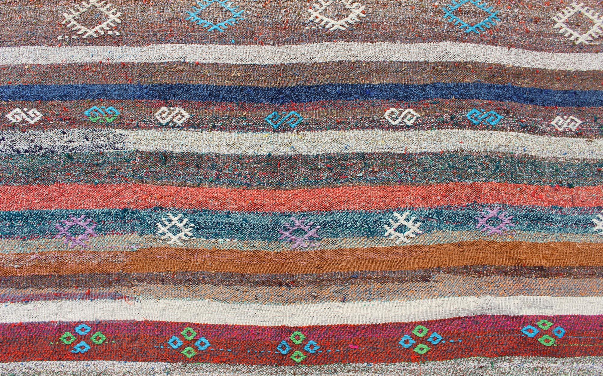 Wool Vintage Turkish Kilim Flat-Weave Rug with Colorful Strips in Bright Colors For Sale