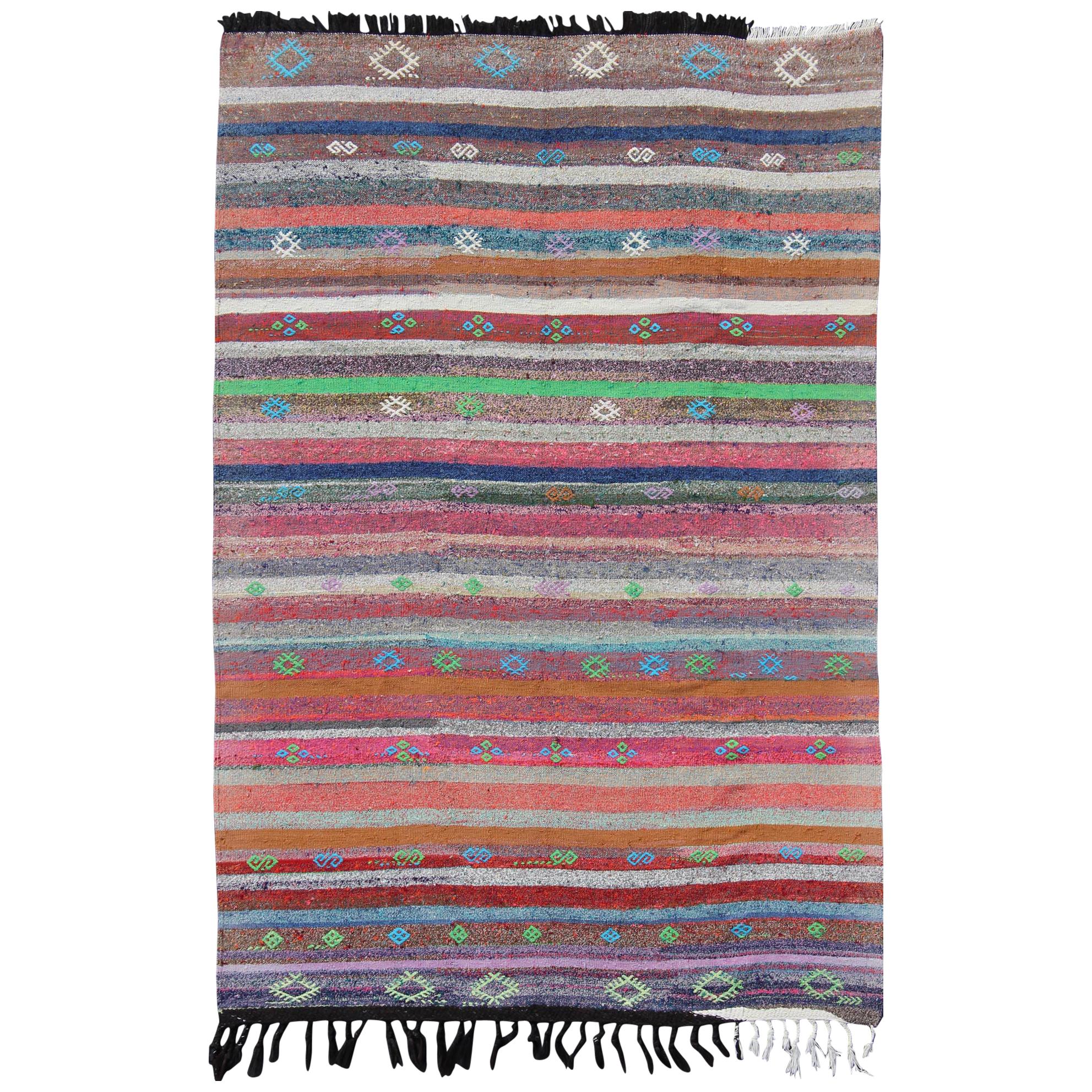 Vintage Turkish Kilim Flat-Weave Rug with Colorful Strips in Bright Colors