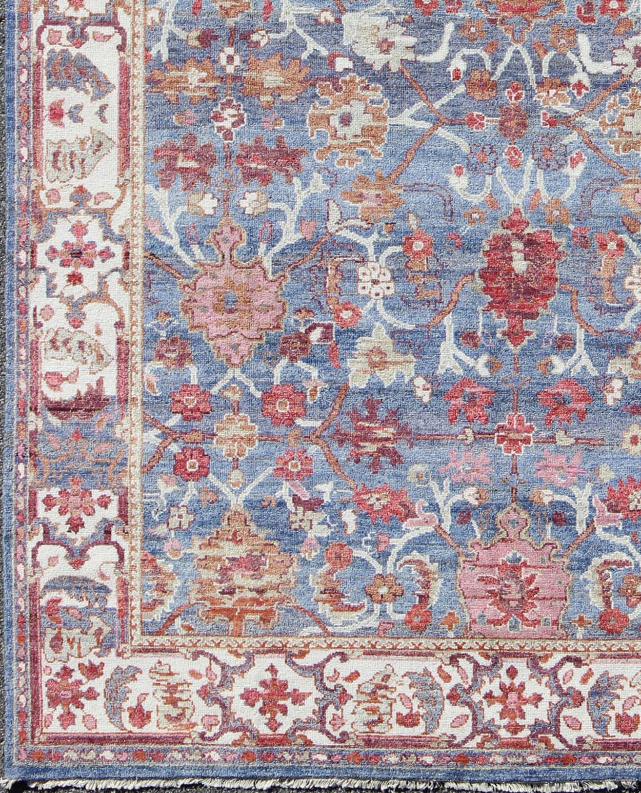 Indian Colorful Sultanabad Designed Rug in Blue and Red For Sale