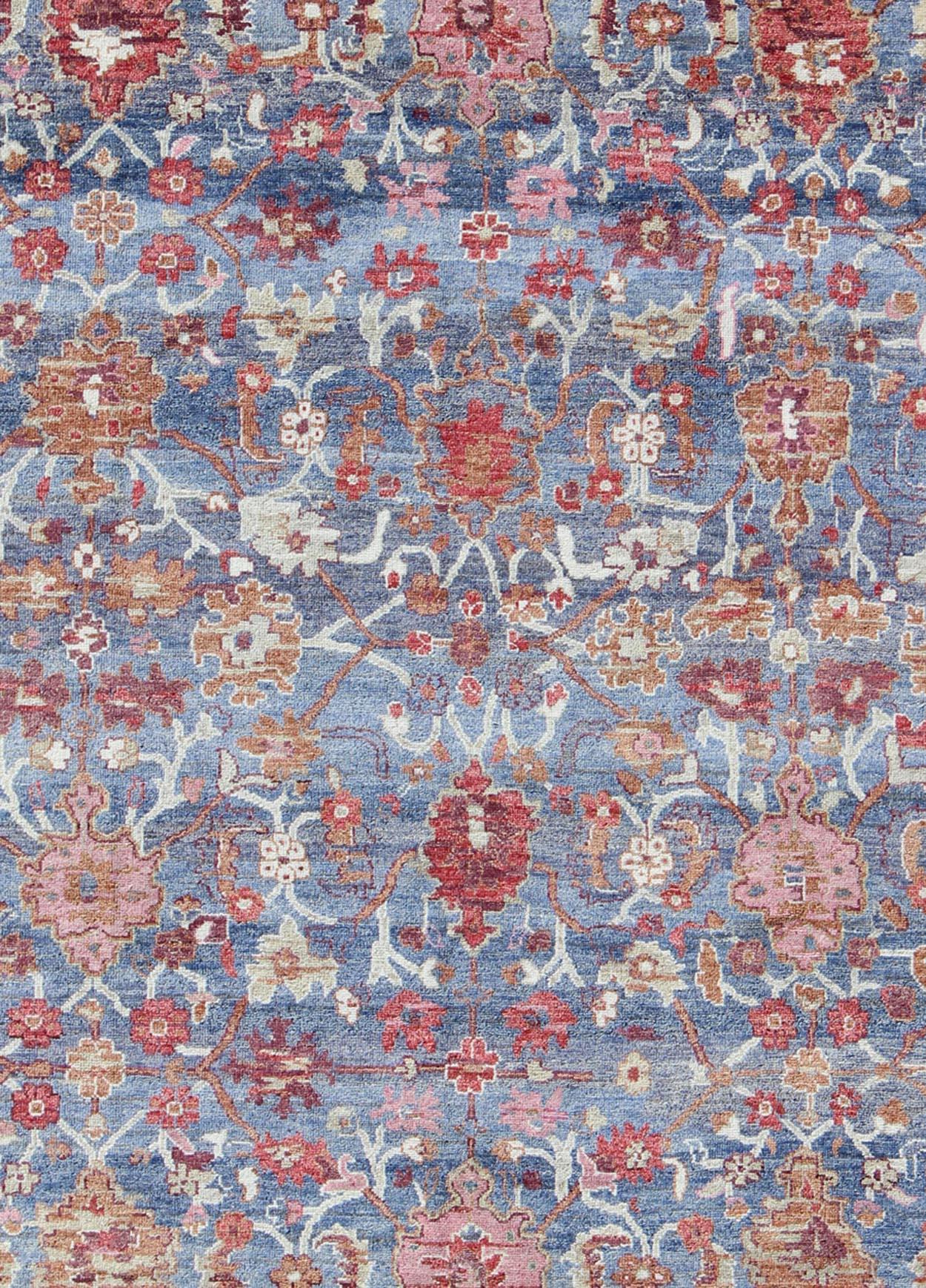 Hand-Knotted Colorful Sultanabad Designed Rug in Blue and Red For Sale