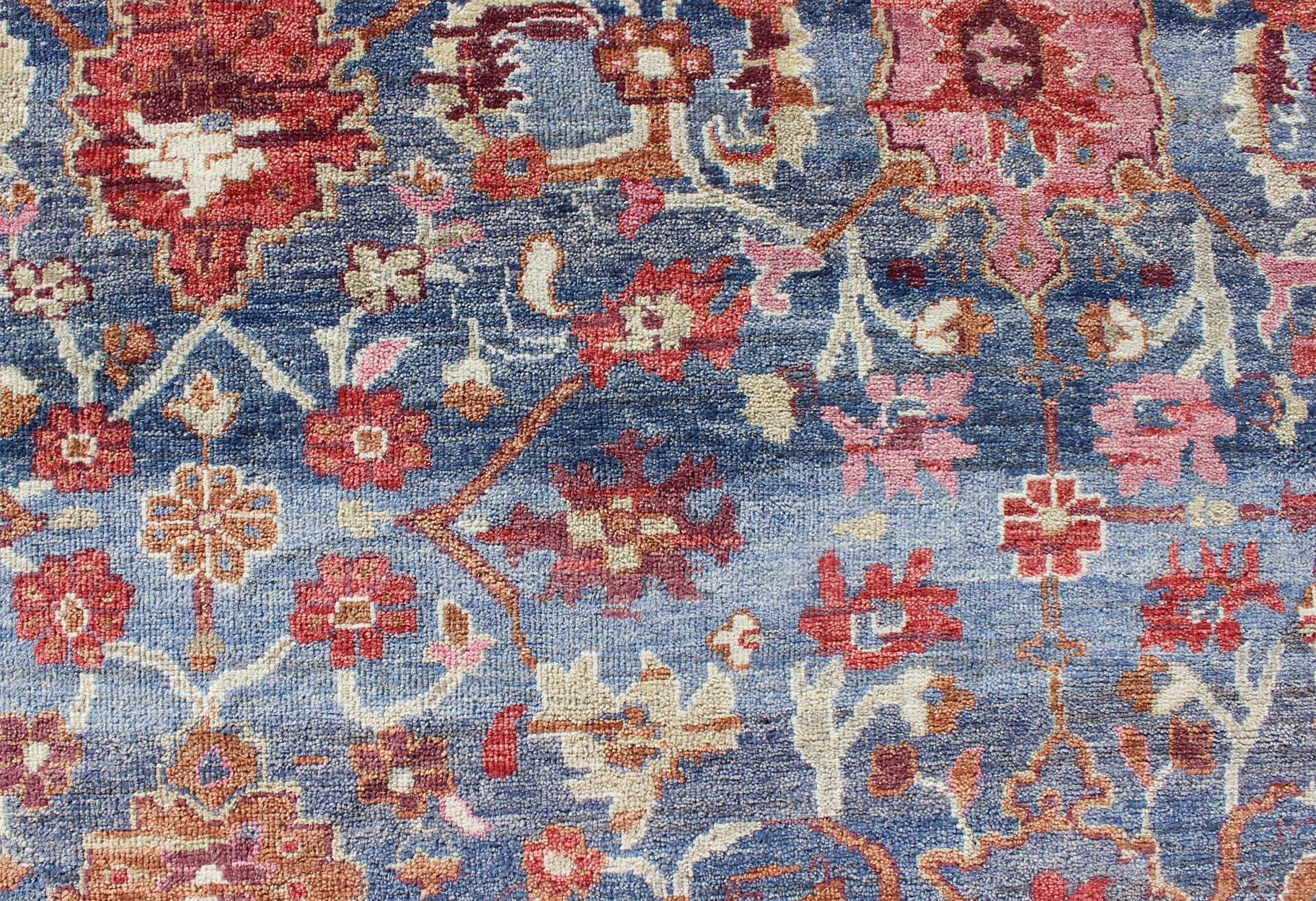 Wool Colorful Sultanabad Designed Rug in Blue and Red For Sale