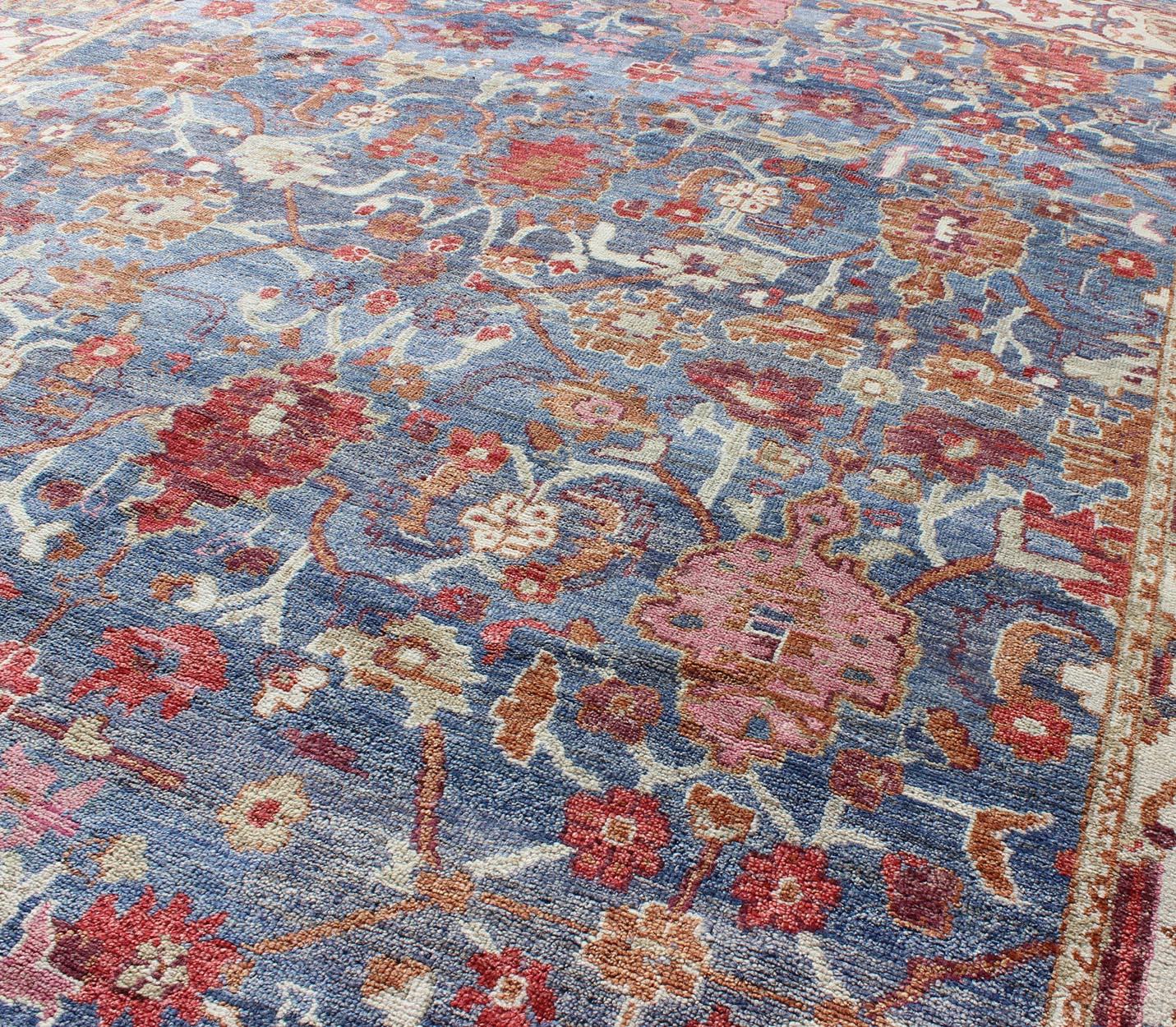 Colorful Sultanabad Designed Rug in Blue and Red For Sale 1