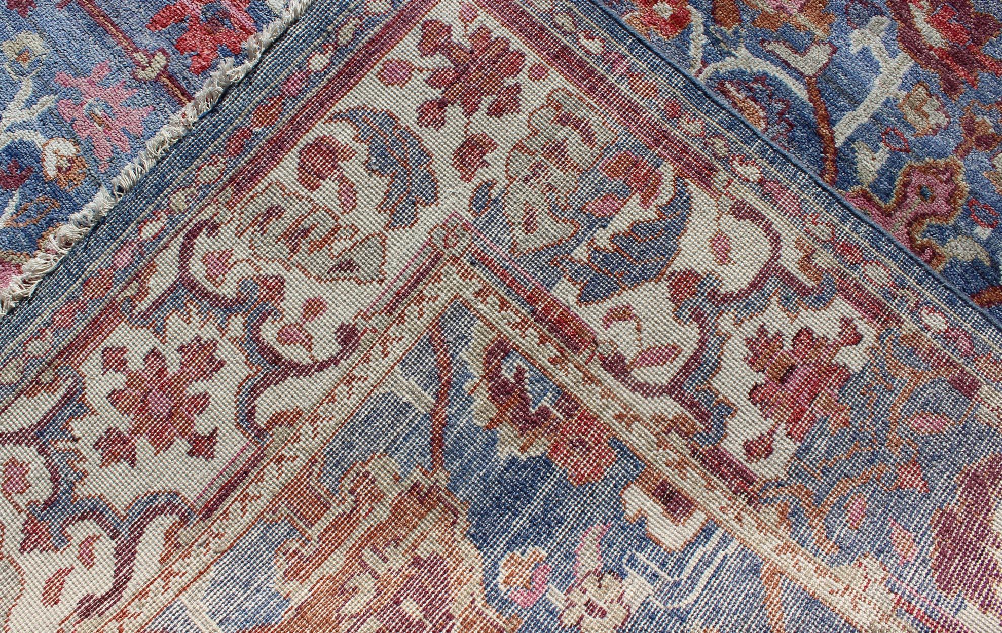 Colorful Sultanabad Designed Rug in Blue and Red For Sale 2