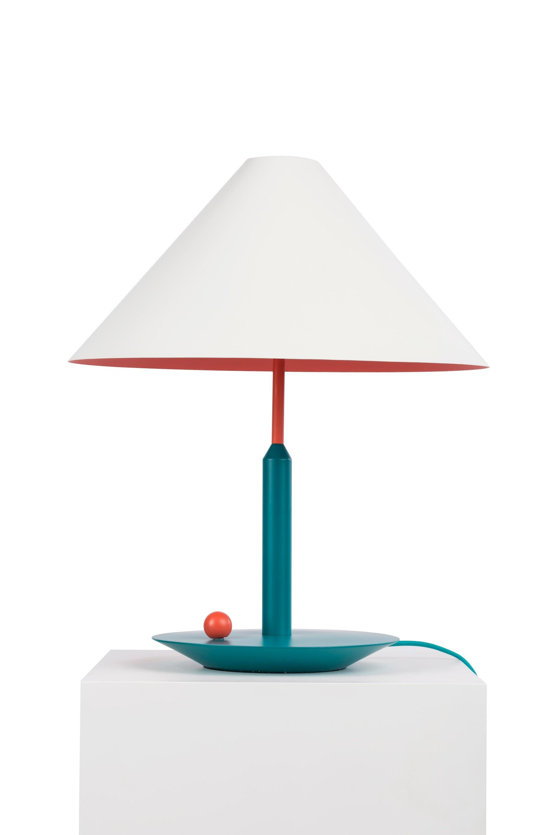 Colorful table lamp by Thomas Dariel, Maison Dada
Measures: Diameter 45 x height 55 cm
Tricolored
Powder coated metal shade in matte white
Vibrant complementary tones on lampshade’s interior and base
Color cable
220V – 240V 50Hz E27