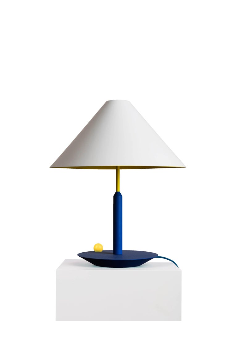 Colorful table lamp by Thomas Dariel, Maison Dada
Measures: Diameter 45 x height 55 cm
Tricolored
Powder coated metal shade in matte white
Vibrant complementary tones on lampshade’s interior and base
Color cable
220V – 240V 50Hz E27 Max.60W

Thomas
