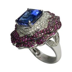 Colorful Tanzanite, Ruby and Diamond Ring Set in 18 Karat White Gold