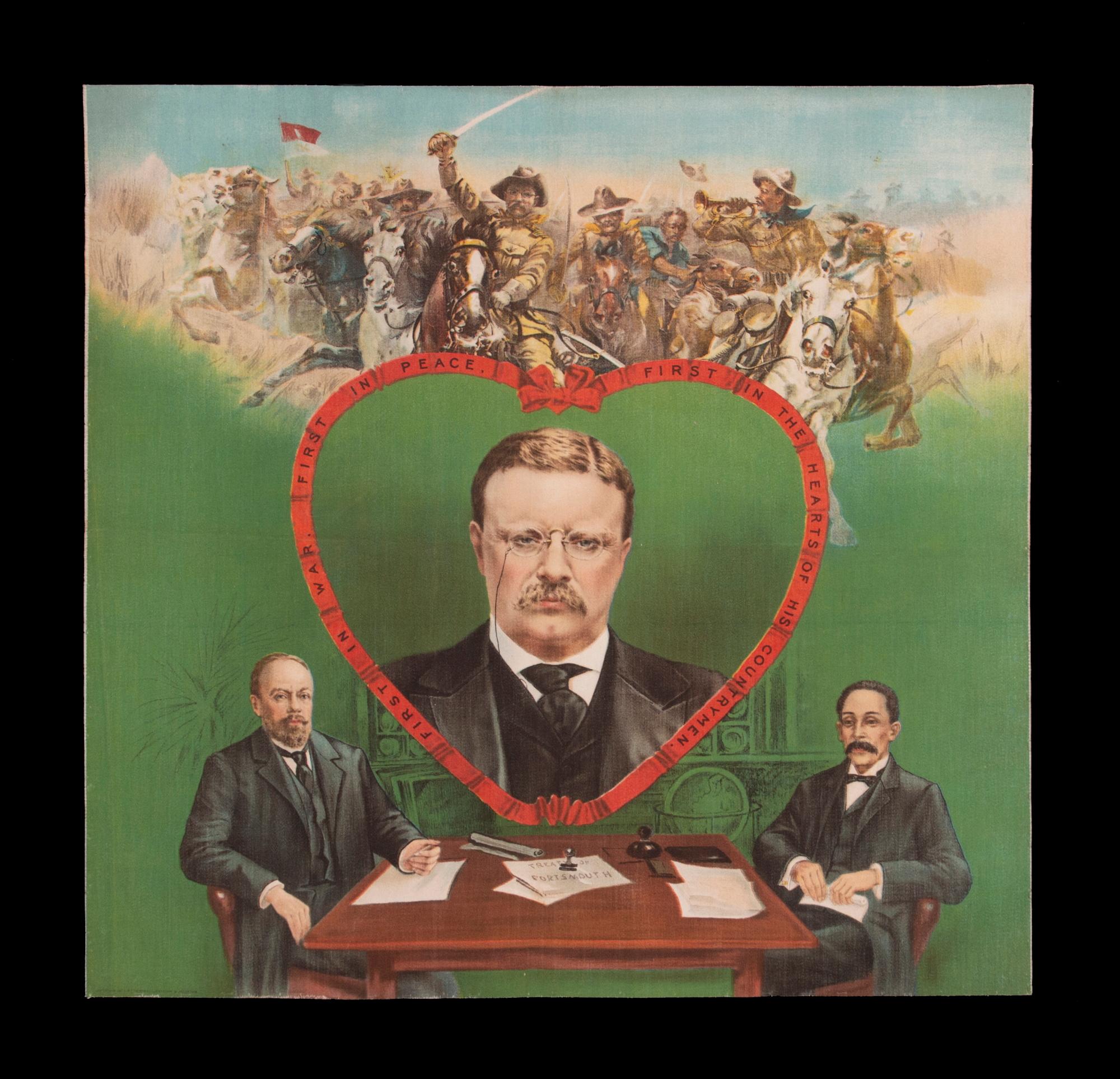 Boldly Graphic And Colorful Teddy Roosevelt Textile, With His Portrait In A Large Heart And Rough Riders Above, Made To Celebrate His Receipt Of The Nobel Prize For Peace In 1906

In 1905, President Theodore Roosevelt brokered a treaty between